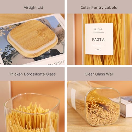 square glass jars with bamboo lids and 132 kithcne pantry labels