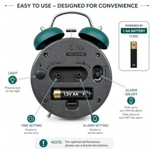 Analog Alarm Clock 1 Year Warranty for Heavy Sleepers Loud Clock for Adults (Mettalic Green Big Alarm Clock)