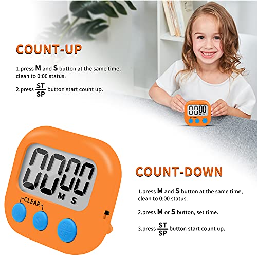6 Pack Small Digital Kitchen Timer Magnetic Back and ON (Orange)