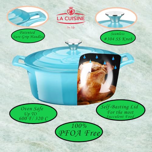 La Cuisine Enameled Cast Iron Oval Dutch Oven Casserole Pot with Lid 5 QT Internal Matte Black Enamel Coating for bread baking For GlassTop Oven (5.0 QT Oval / Teal)